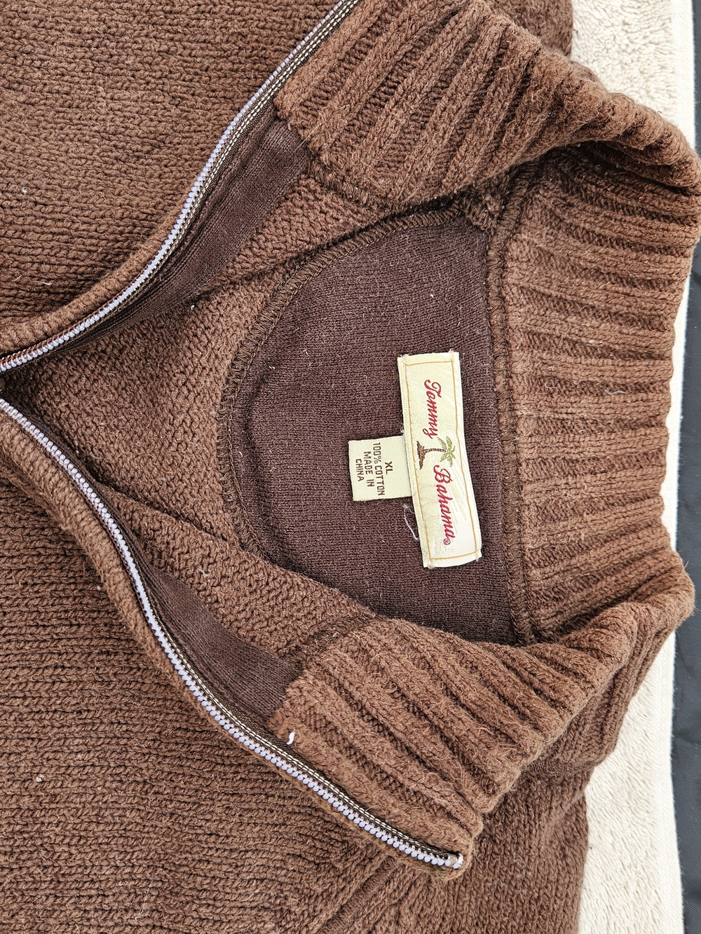 Tommy Bahama Men's XL Brown Quarter-Zip Pullover Sweater 100% Cotton Mock Neck